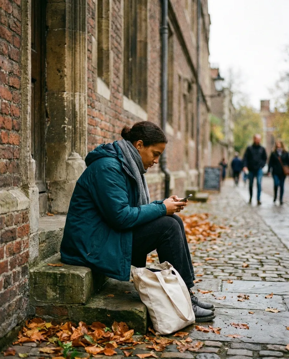 Someone sitting on steps outside a building, glancing at their phone before an appointment