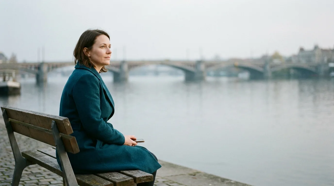 A woman in a teal coat sitting on a bench by a misty river, her phone in her lap, looking out at the water
