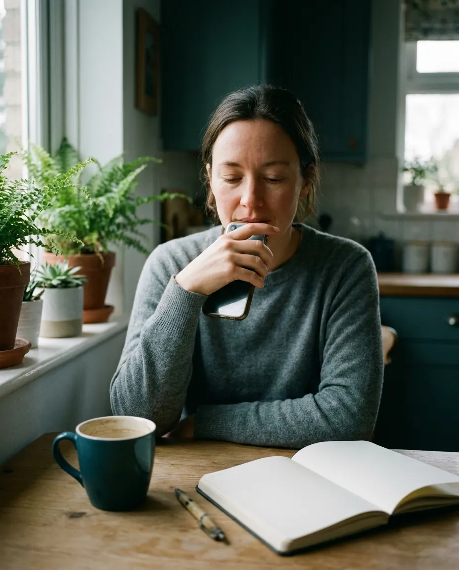 A person at a kitchen table in morning light recording a voice note