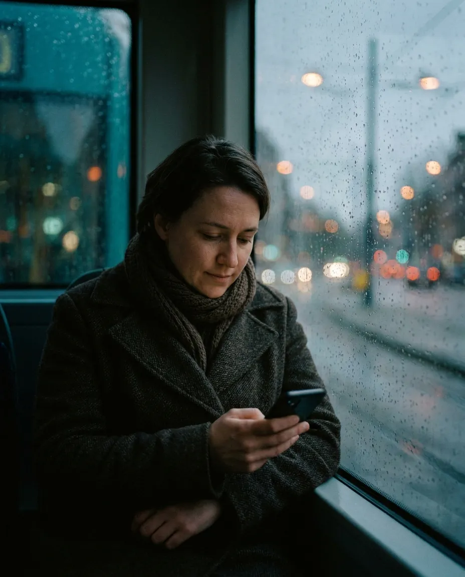 Someone reading their phone by a tram window at dusk